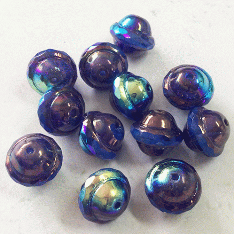 10x12mm Czech Saturn Cut Beads - Sapphire with AB & Bronze Finish