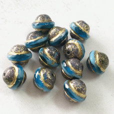 10x12mm Czech Saturn Cut Beads - Sky Blue, Teal + Emerald w-Etched, Bronze + Gold Finish