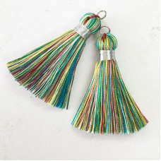 40mm Silk Tassels with Silver Metallic Thread & Jumpring - Bright Multi-Colour - 1 pair