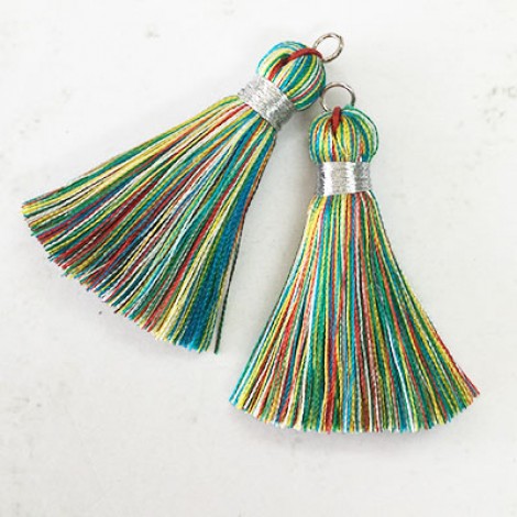 40mm Silk Tassels with Silver Metallic Thread & Jumpring - Bright Multi-Colour - 1 pair