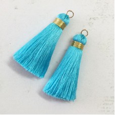 40mm Gold Wrapped Silk Tassels with Gold Jumpring - Turquoise - 1 pair