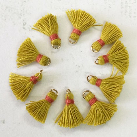 15mm Cotton Mini Tassels with Gold Jumpring - Pack of 10 - Mustard/Pink
