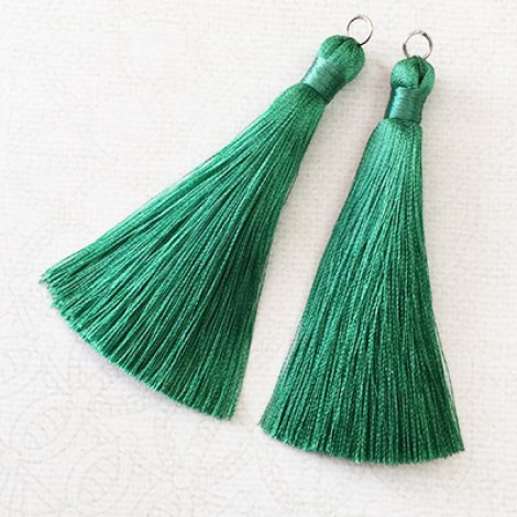 80mm Thick Bound Long Silk Tassels with Silver Jumpring - Emerald - Per Pair 80mm Thick Bound Long Silk Tassels with Silver Jumpring - Emerald - Per Pair