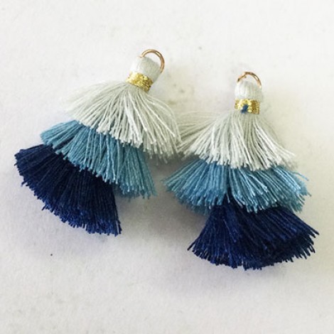 35mm Three Tier Mini Cotton Tassels with Blue Mix - 1 pair