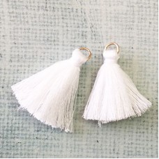 30mm Cotton Mini Tassels with Gold Jumpring - Pack of 10 - White/Gold
