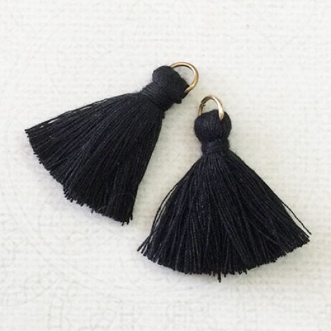 30mm Cotton Mini Tassels with Gold Jumpring - Pack of 10 - Black/Gold