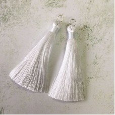 80mm Thick Bound Long Silk Tassels with Silver Jumpring - White - Per Pair