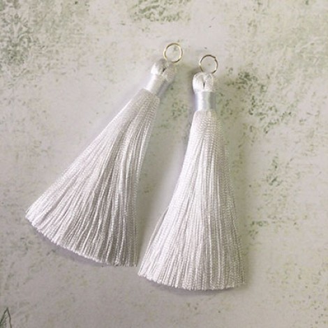 80mm Thick Bound Long Silk Tassels with Silver Jumpring - White - Per Pair 80mm Thick Bound Long Silk Tassels with Silver Jumpring - White - Per Pair