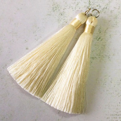 80mm Thick Bound Long Silk Tassels with Silver Jumpring - Cream