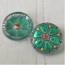 27mm Czech Wheel Button - Transparent Glass with Sea Green, Gold accents and Black Wash