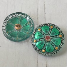 27mm Czech Wheel Button - Transparent Glass with Sea Green, Gold accents and Black Wash - Each