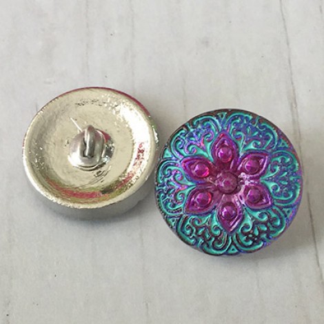 18mm Czech Arabian Star Button - Volcano with Sea Green Wash + Purple Wash