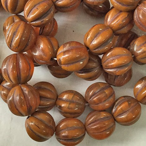 10mm Czech Melon Beads - Opaque-Semi Transp Alloy Orange with a Brown Wash