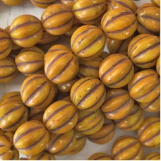12mm Czech Melon Beads - Opaque Pumpkin with Brown Wash - Pack of 5