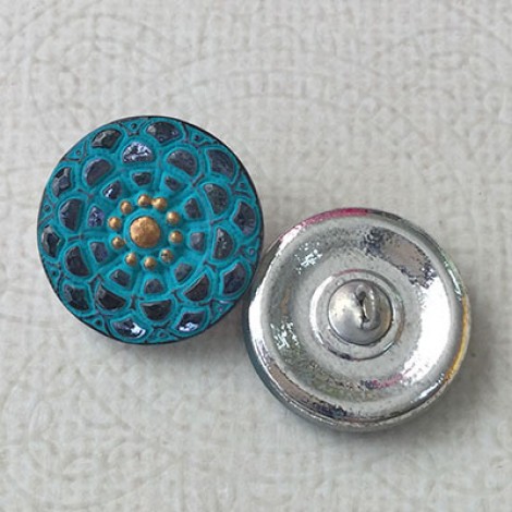 18mm Czech Mandala Glass Button - Slate Blue with Sea Green Wash