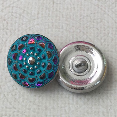 18mm Czech Mandala Glass Button - Volcano with Sea Green Wash and Painted Accents