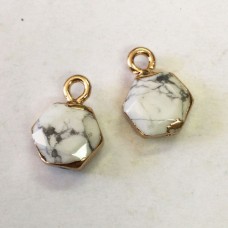 13x9.4x4.6mm Howlite Stone Mini Hexagon Gemstone Charms - Gold Tone Plated Brass - Per Pair