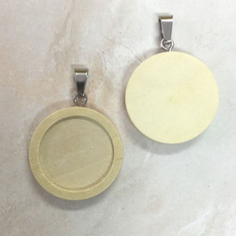 30mm (25mmID) Wooden Round Pendant Bezel Settings with Bail - Natural Beech