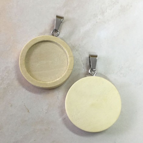 25mm (20mmID) Wooden Round Pendant Bezel Settings with Bail - Natural Beech