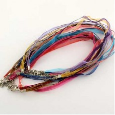 44cm (17.7in) Multi-Strand Waxed Cord & Organza Ribbon Necklaces witth Clasp & Extension Chain - Pack of 7 (Pink & Bright Green only)
