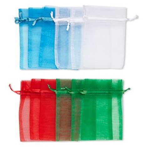 115x75mm Blue-Red-Green-White Organza Bags - Pk 12