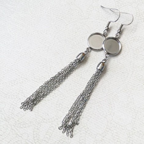 12mm ID 316 Stainless Steel Cabochon Settings with Earwires & Tassel - Per Pair