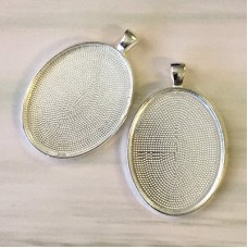 30x40mm Bright Silver Plated Oval Bezel Pendant Setting - Pack of 2