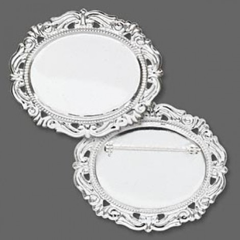 40x30mm (ID) Silver Plated Filigree Oval Pinback Bezel - Each
