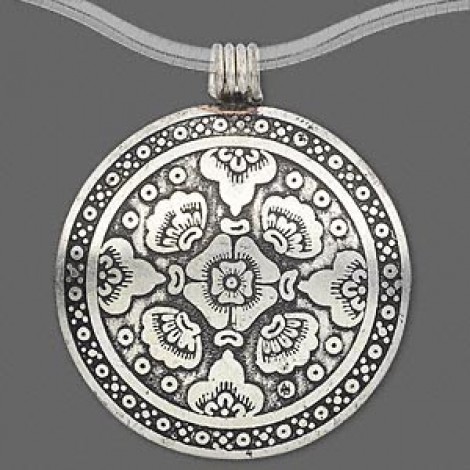 48mm Antique Silver Plated Brass Etched Pendant