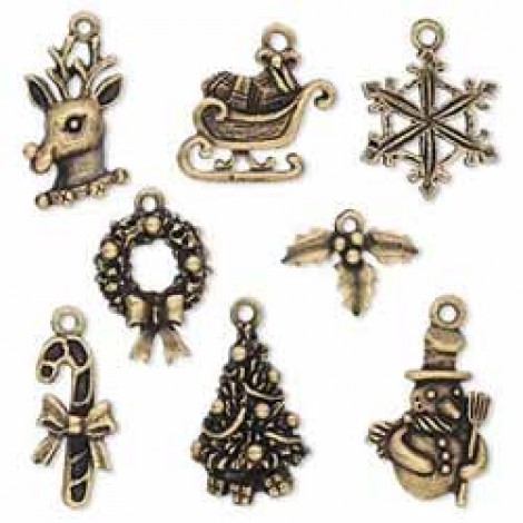 Ant Brass Pewter Christmas Charm Set - Set of 8