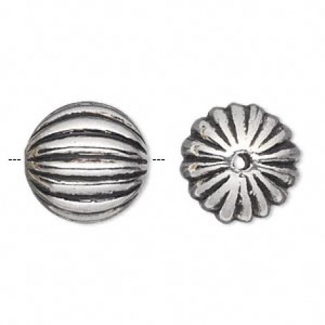 17mm Ant Silver Metallized Ribbed Round Beads