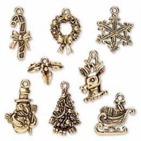 Antique Gold Pewter Charms - Christmas Set - 8 charms