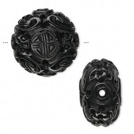 25x15mm Carved Jet Flat Round Focal Bead