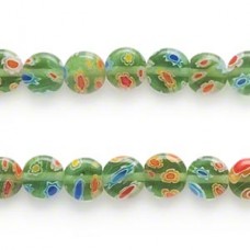 8mm Puffed Flat Round Green Millefiori Beads - Strand