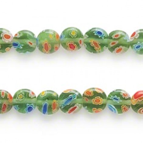 8mm Puffed Flat Round Green Millefiori Beads