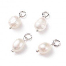 13.5-15mm Natural B-Grade Cultured Freshwater Rice Pearl Charms w-Platinum Silver Plated 304 Stainless Steel Jumprings - Per Pair