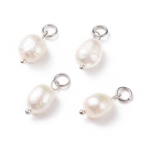 13.5-15mm Natural B-Grade Cultured Freshwater Rice Pearl Charms w-Platinum Silver Plated 304 Stainless Steel Jumprings - Per Pair