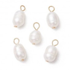 13-14mm Natural B-Grade Cultured Freshwater Rice Pearl Charms w-304 Gold Plated Stainless Steel Jumprings - Per Pair