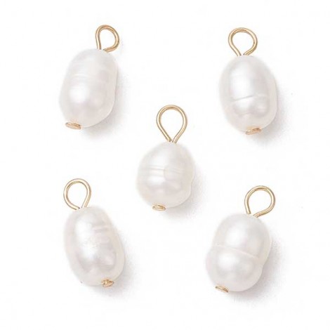 13-14mm Natural B-Grade Cultured Freshwater Rice Pearl Charms w-304 Gold Plated Stainless Steel Jumprings - Per Pair
