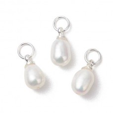 10-11.5mm Natural B-Grade Cultured Freshwater Rice Pearl Charms w-304 Silver Plated Stainless Steel Jumprings + Beadcap - Per Pair