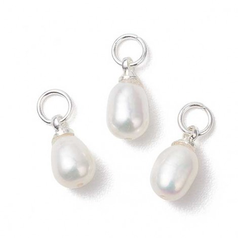 10-11.5mm Natural B-Grade Cultured Freshwater Rice Pearl Charms w-304 Silver Plated Stainless Steel Jumprings + Beadcap - Per Pair