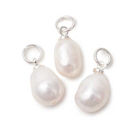 12.5-13.5mm Natural B-Grade Cultured Freshwater Rice Pearl Charms w Silver Plated Brass Jumprings + Beadcap - Per Pair