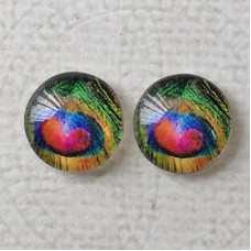 12mm Art Glass Backed Cabochons - Peacock Feathers 2 - Per Pair