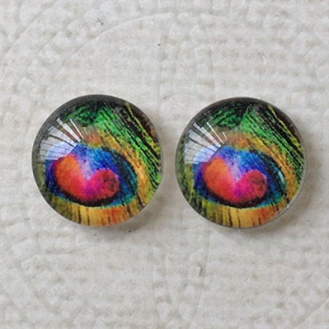 12mm Art Glass Backed Cabochons - Peacock Feathers 2 - Per Pair