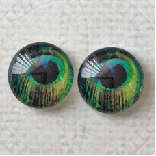 12mm Art Glass Backed Cabochons - Peacock Feathers 4 - Per Pair