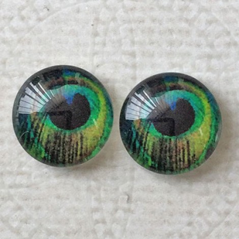 12mm Art Glass Backed Cabochons - Peacock Feathers 4 - Per Pair
