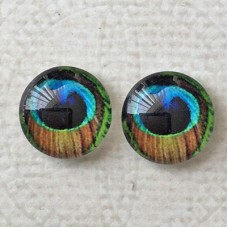 12mm Art Glass Backed Cabochons - Peacock Feather 5 - Per Pair