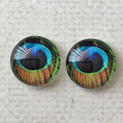 12mm Art Glass Backed Cabochons - Peacock Feather 5 - Per Pair