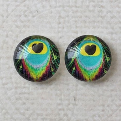 12mm Art Glass Backed Cabochons - Peacock Feathers 7 - Per Pair