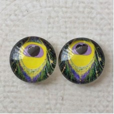 12mm Art Glass Backed Cabochons - Peacock Feathers 8 - Per Pair
